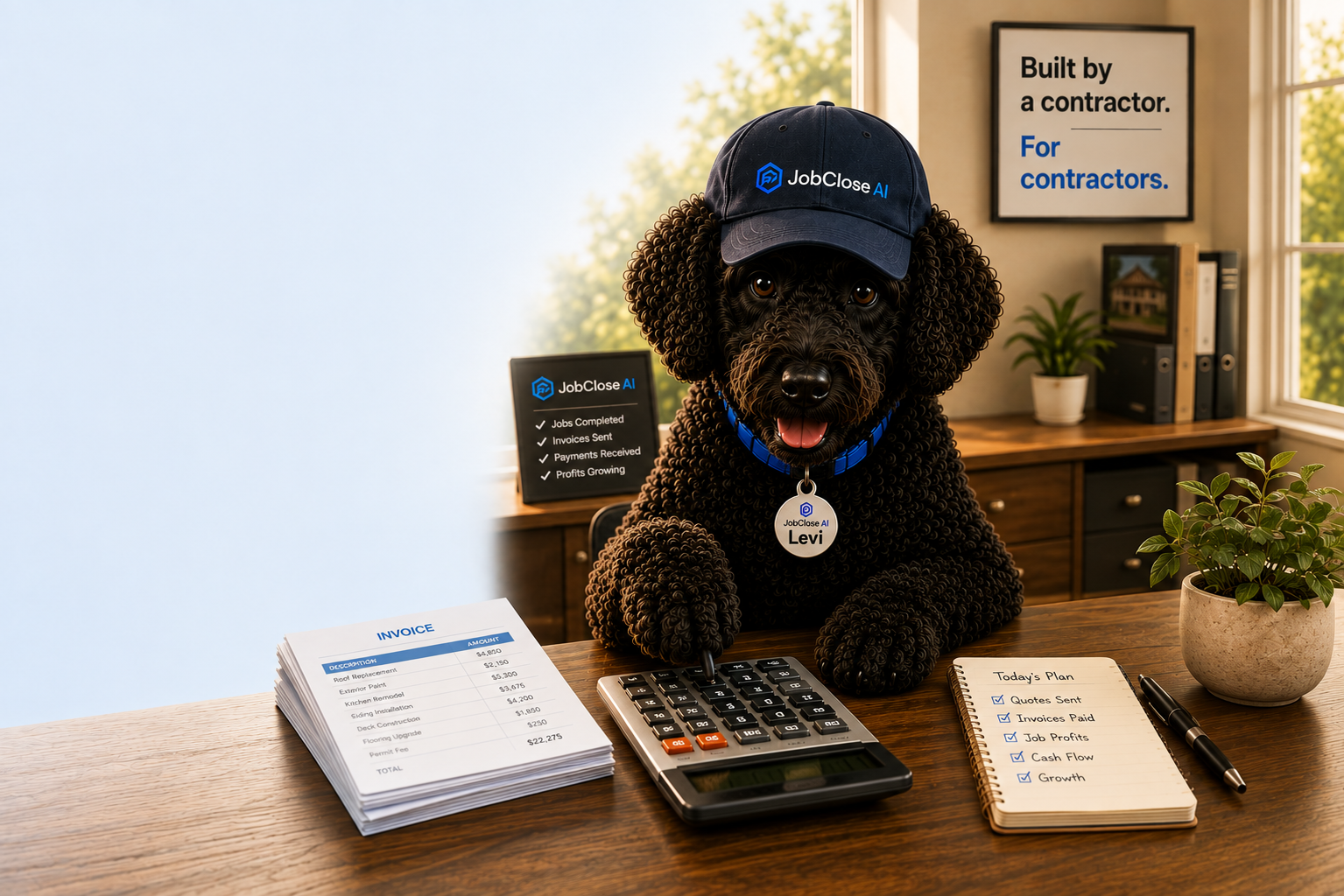 Levi at his desk pressing a calculator with paws, invoice stack, Today's Plan notebook and office environment.