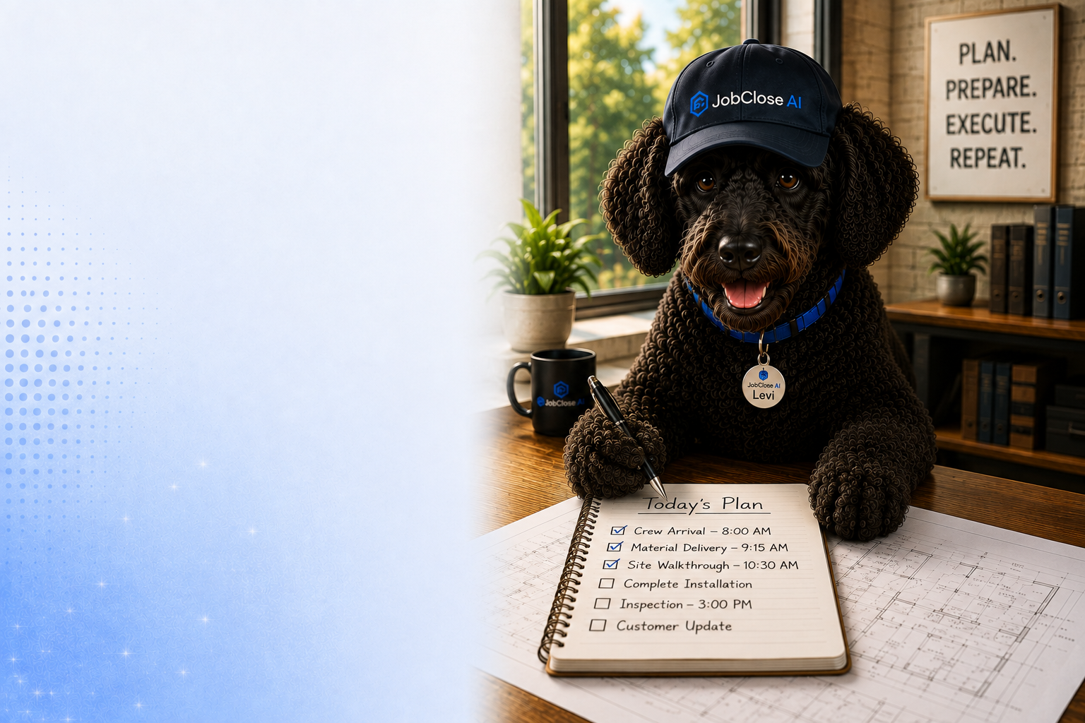 Levi at his desk with the Today's Plan notebook, JobClose AI cap and Levi collar tag, wall sign and office environment.