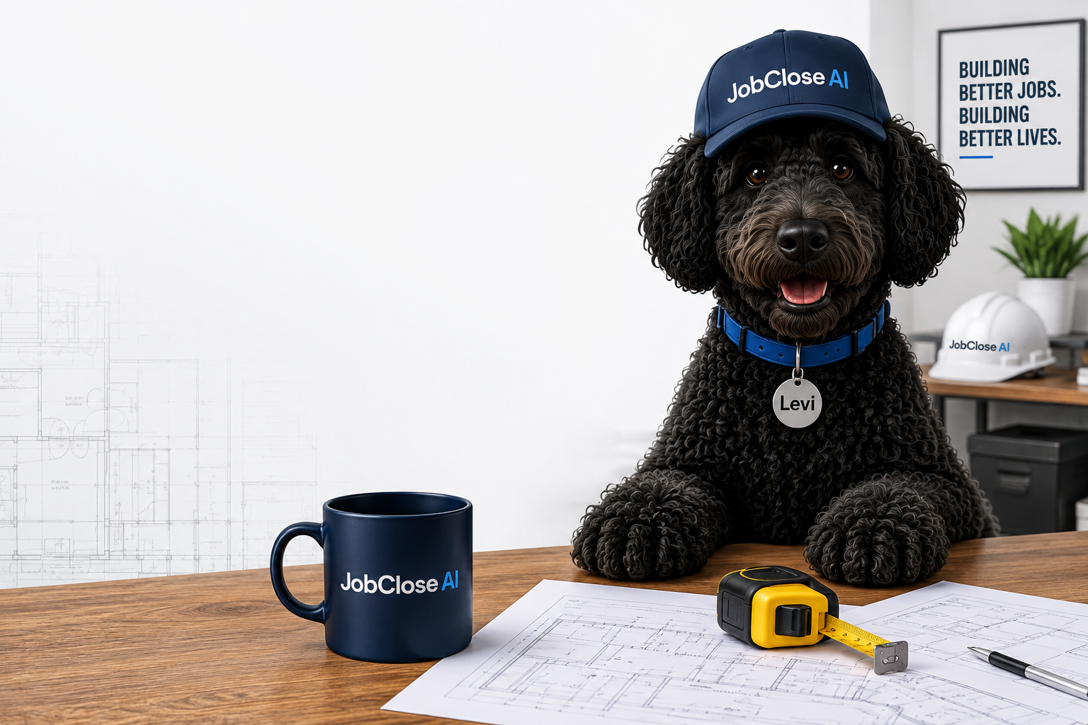 Levi, the JobClose AI mascot, wearing his approved JobClose AI cap and Levi collar tag, seated at a contractor's worktable next to a JobClose AI mug, a tape measure and a set of blueprints.